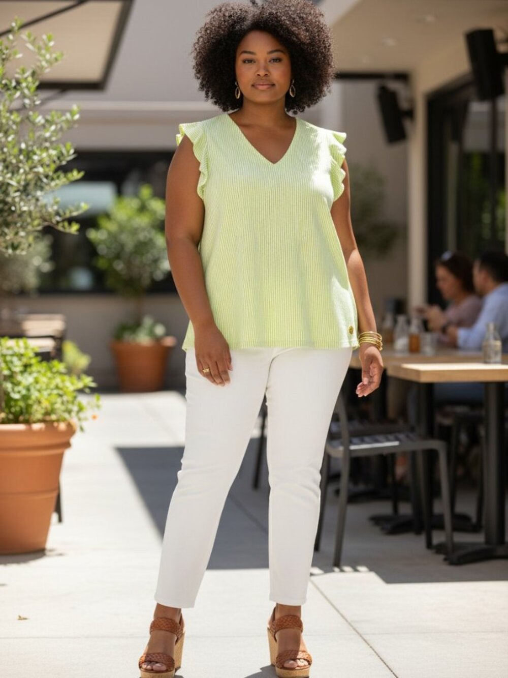 Michael Kors Womens Seersucker Ruffle Flutter Top Size XL Lime‎ Green